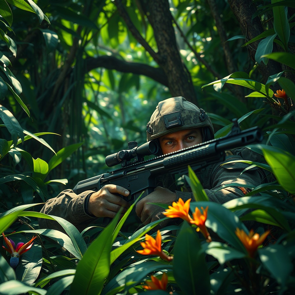 A skilled sniper character, expertly camouflaged, lying prone in the dense underbrush of the Amazon rainforest