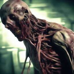 An intricately detailed digital art image depicting a zombie whose body is being manipulated by a parasite, akin to the Plagas from the Resident Evil series