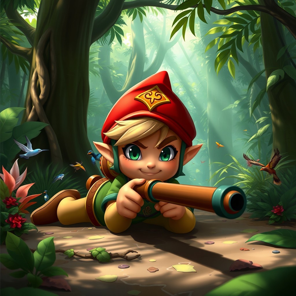 Teemo, the adorable character from League of Legends, is laying on the ground, ready to shoot his blowgun