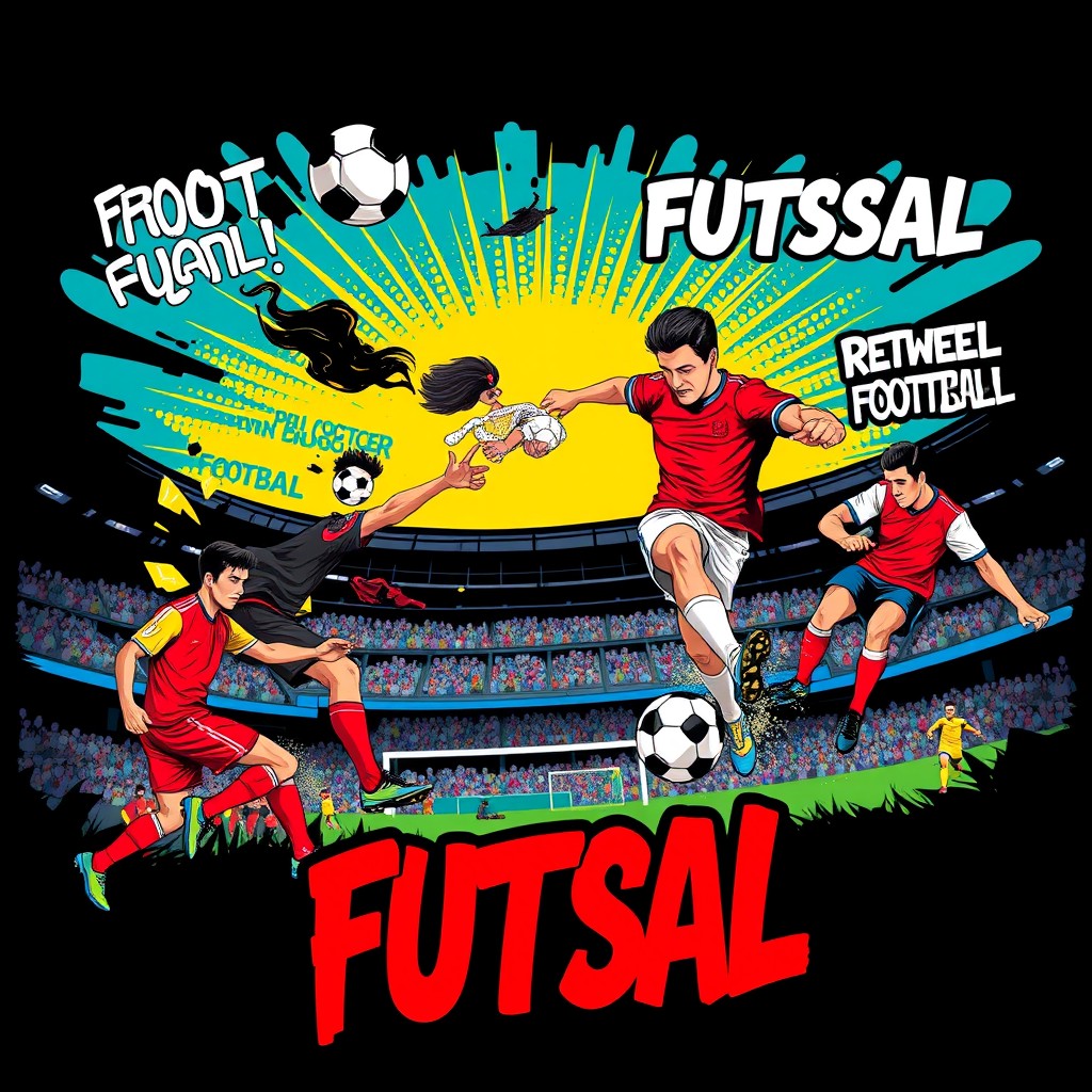 A vibrant and colorful pop art style illustration representing the themes of football (soccer) and futsal