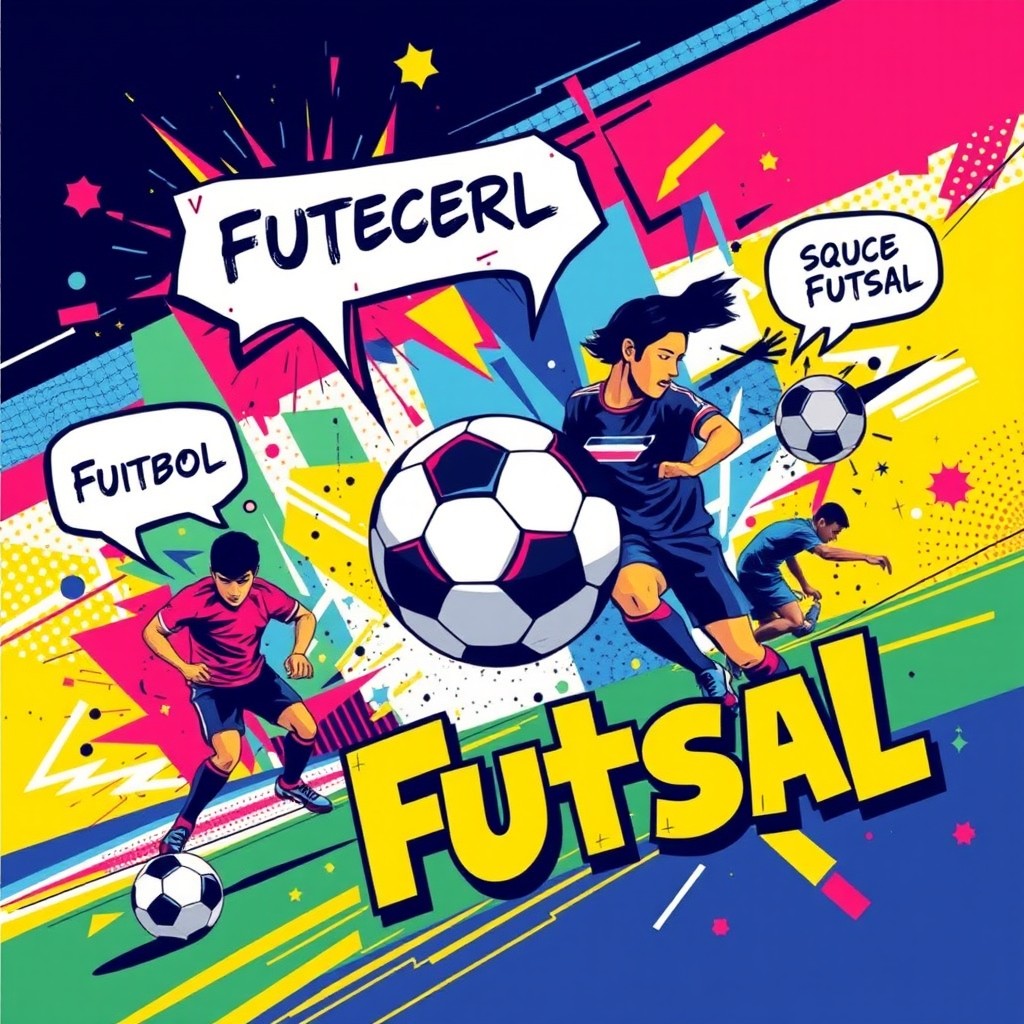 A vibrant and energetic pop art style image showcasing the themes of soccer (futebol) and futsal