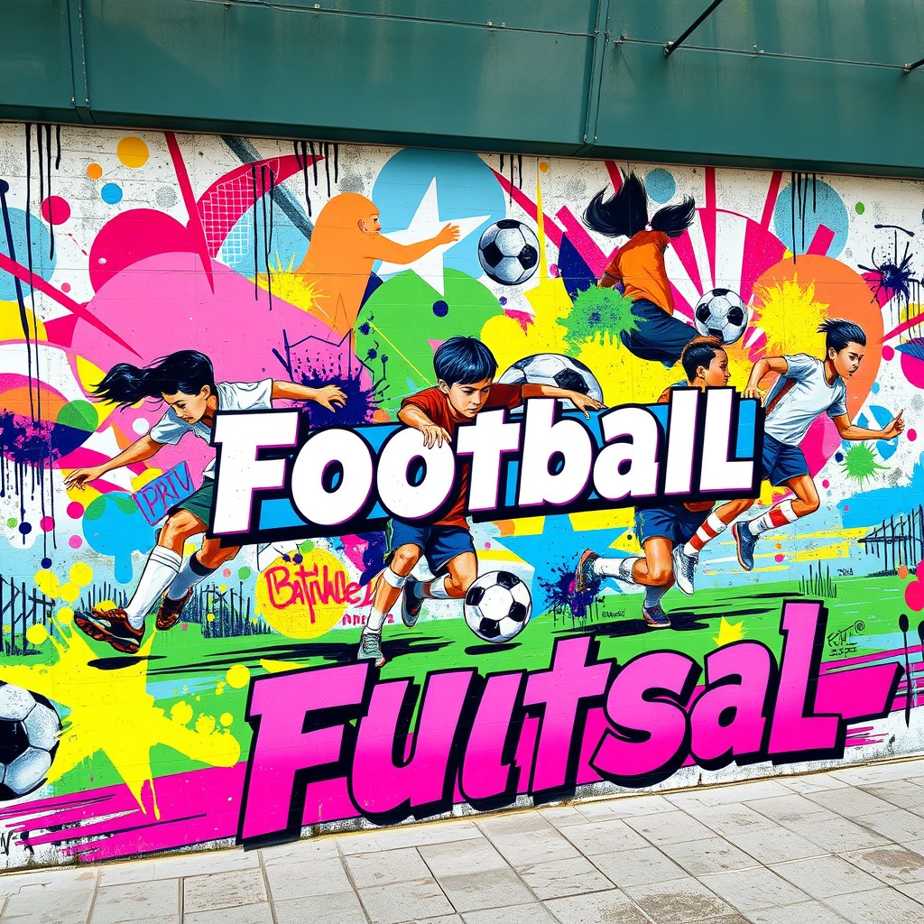 A vibrant street art style mural that showcases the dynamic nature of football (soccer) and futsal