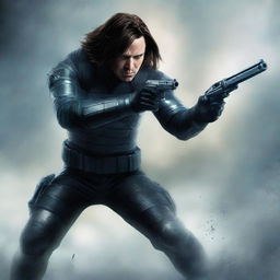 A high-resolution digital art image, featuring the Winter Soldier in action