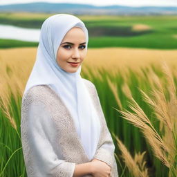 A beautiful Russian woman wearing a hijab in a rice field