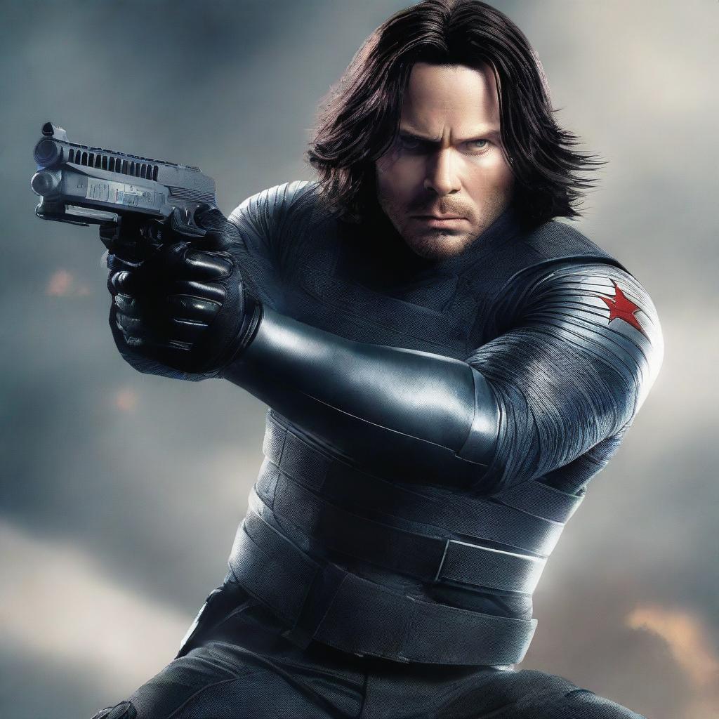 A high-resolution digital art image, featuring the Winter Soldier in action