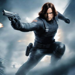 A high-resolution digital art image, featuring the Winter Soldier in action