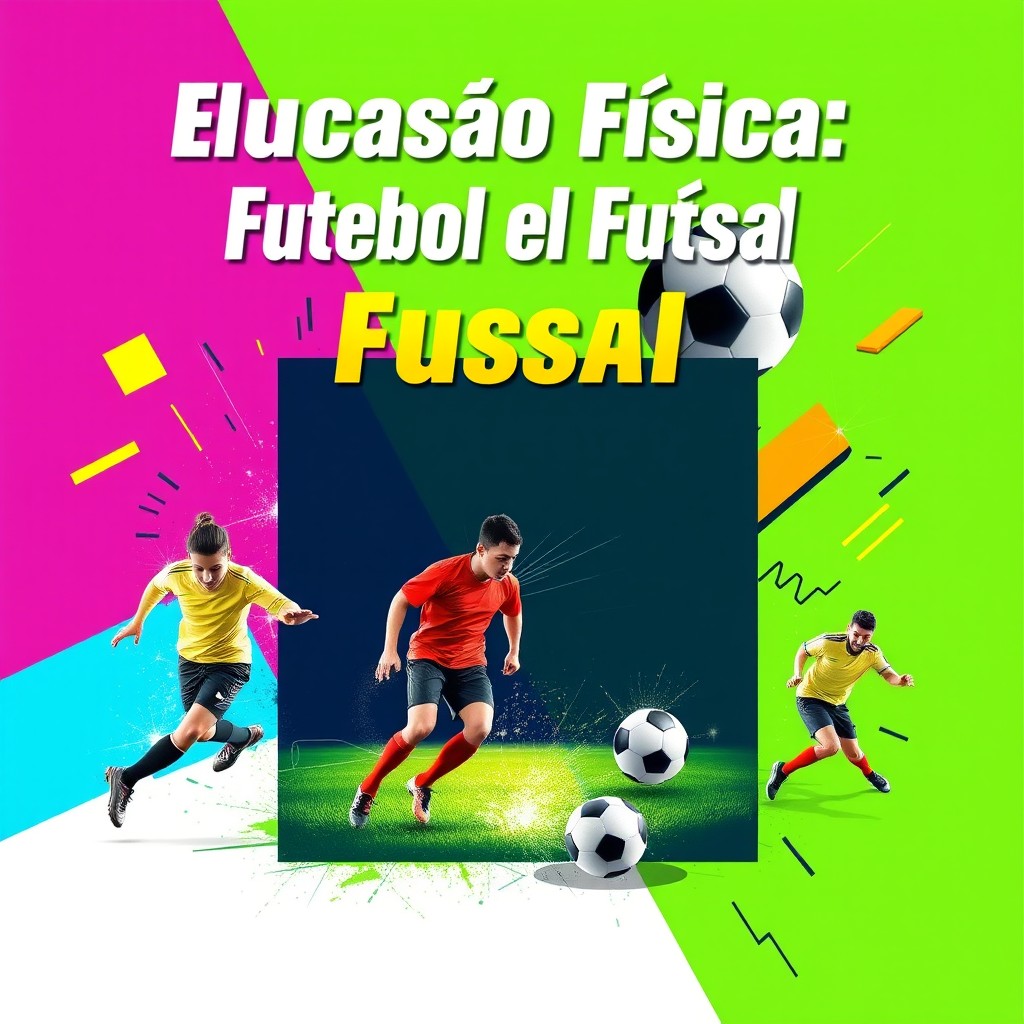 An educational cover page for a Physical Education project focused on soccer and futsal, featuring vibrant digital art