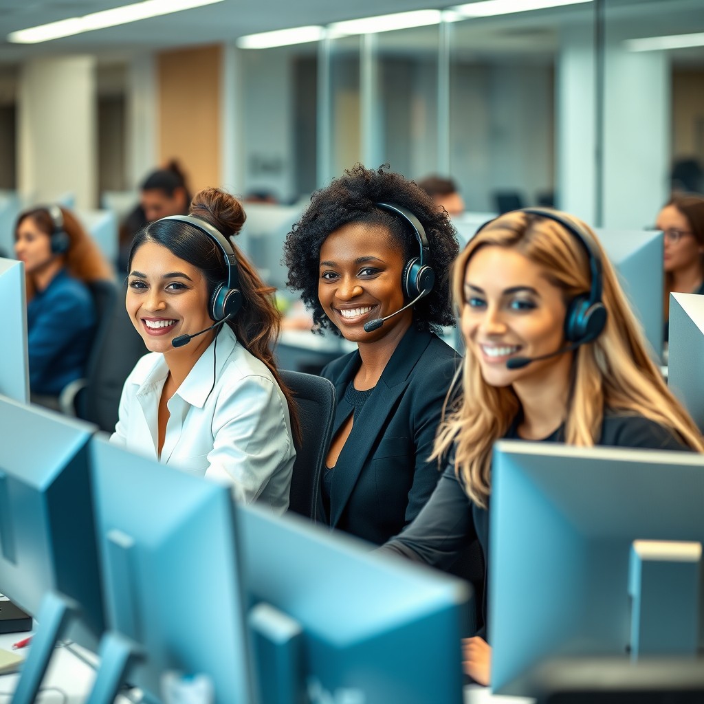 A call center office with operators working at their desks, all confidently engaging in conversation