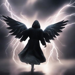 An enigmatic man in a black hooded robe, his wings made of crackling lightning, fearlessly flying against a ferocious thunderstorm backdrop, showing off his electrifying moves.