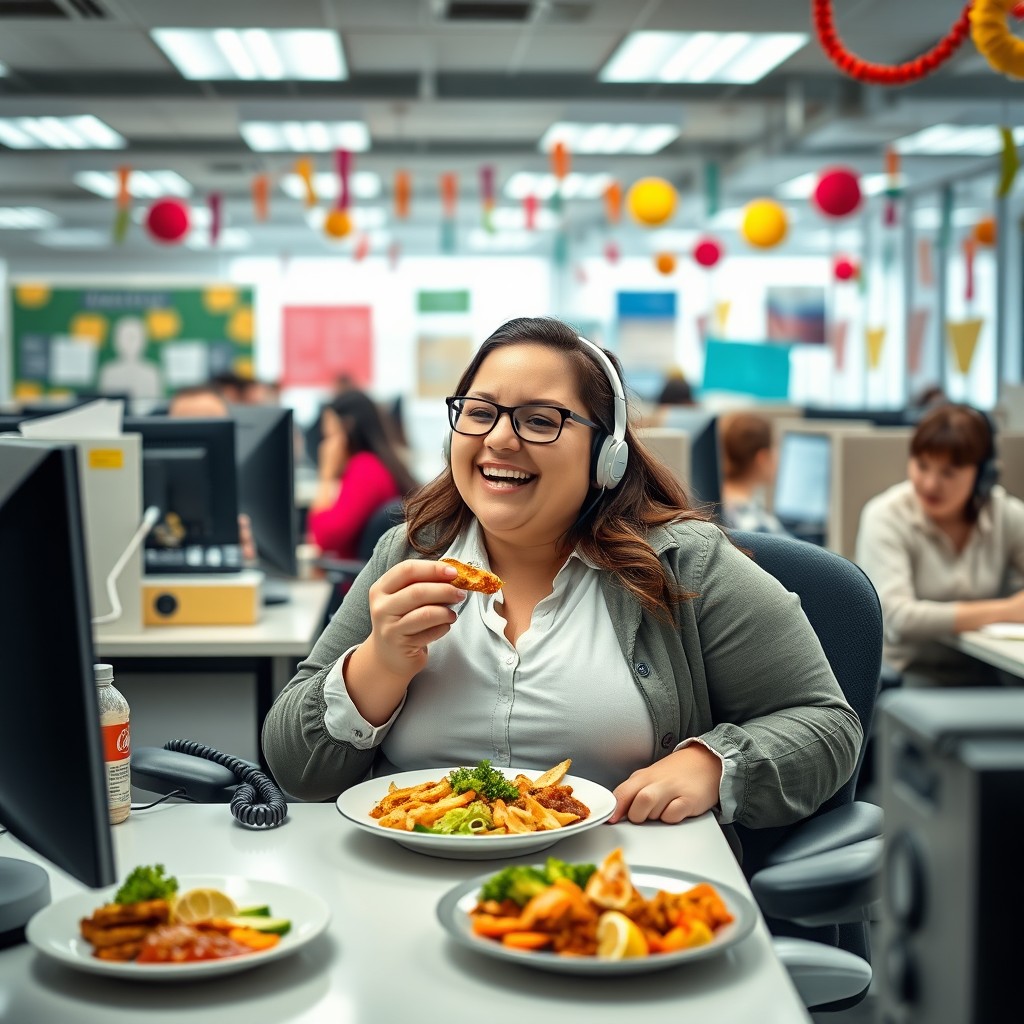A humorous scene inside a bustling call center, featuring a plus-sized woman joyfully indulging in a delicious meal at her desk