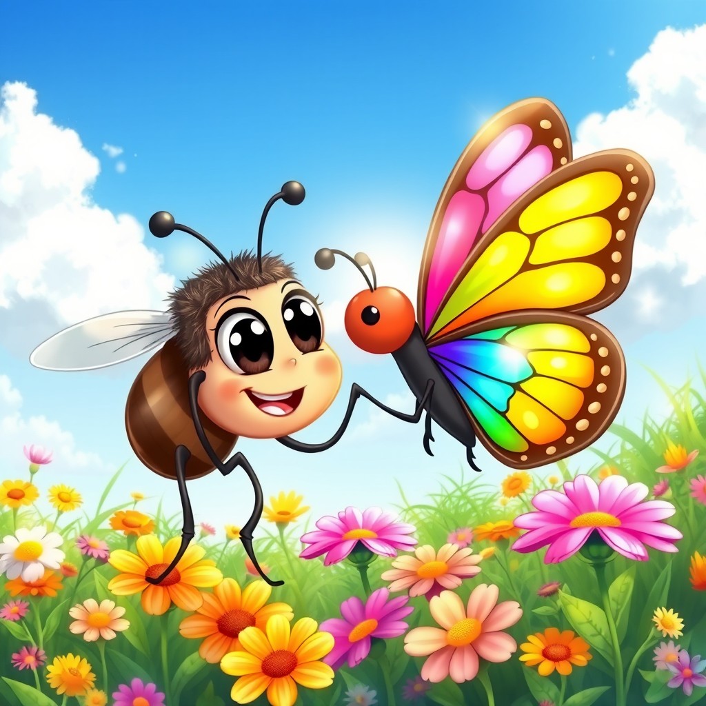 A cute cartoon illustration of a fly in love with a colorful butterfly