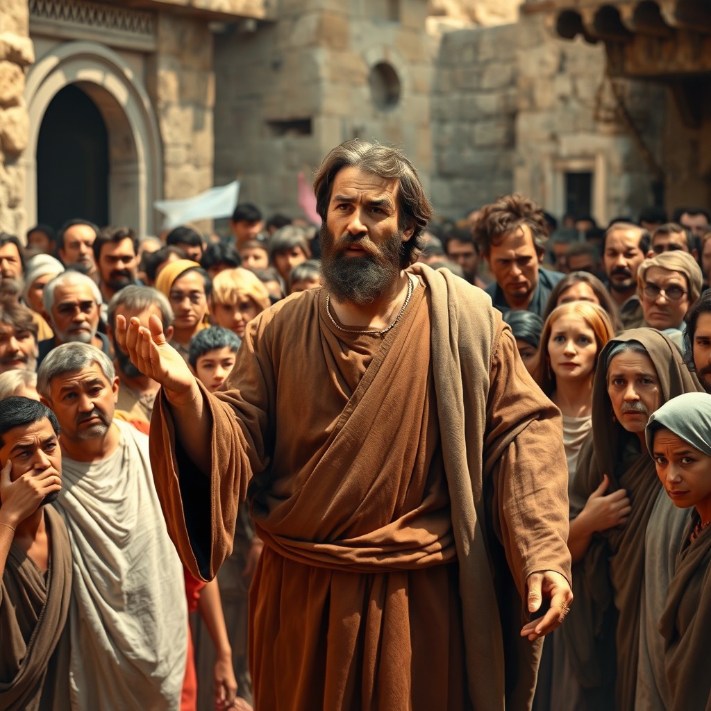 The Apostle Paul in ancient robes, standing in front of a diverse crowd that looks skeptical and hostile, with faces showing rejection and defiance