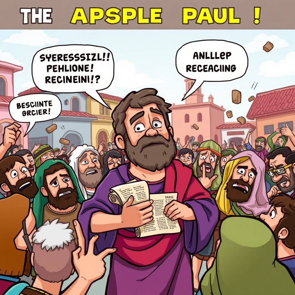 A cartoon illustration of the Apostle Paul facing rejection and opposition while preaching his message