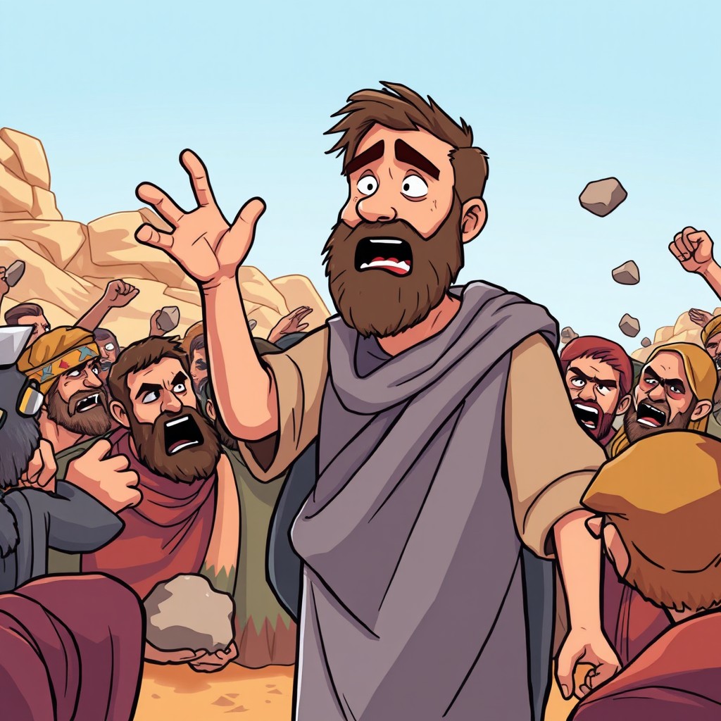 A cartoon-style illustration depicting the apostle Paul being rejected and opposed by a group of people in ancient times