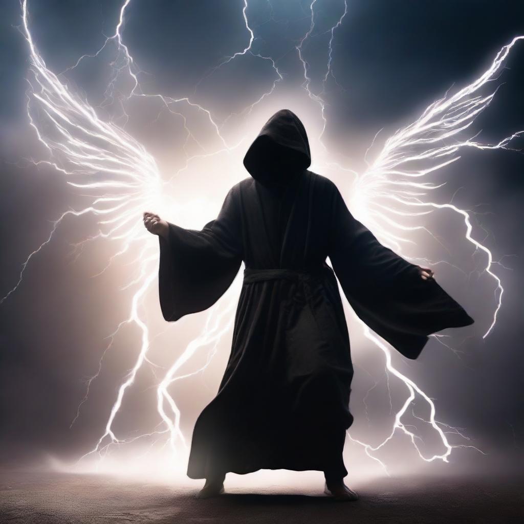 An enigmatic man in a black hooded robe, his wings made of crackling lightning, fearlessly flying against a ferocious thunderstorm backdrop, showing off his electrifying moves.