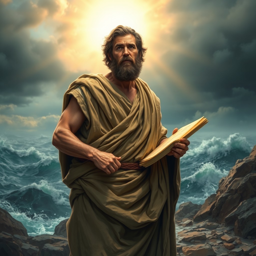 The Apostle Paul depicted in a dramatic scene, enduring hardships such as shipwrecks and hunger, yet showing unwavering determination and purpose