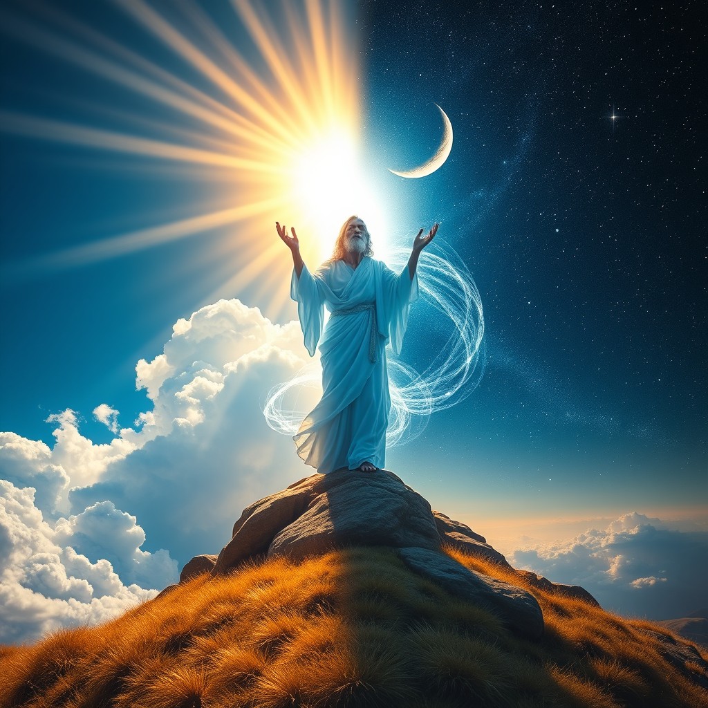 A breathtaking biblical scene depicting God creating day and night
