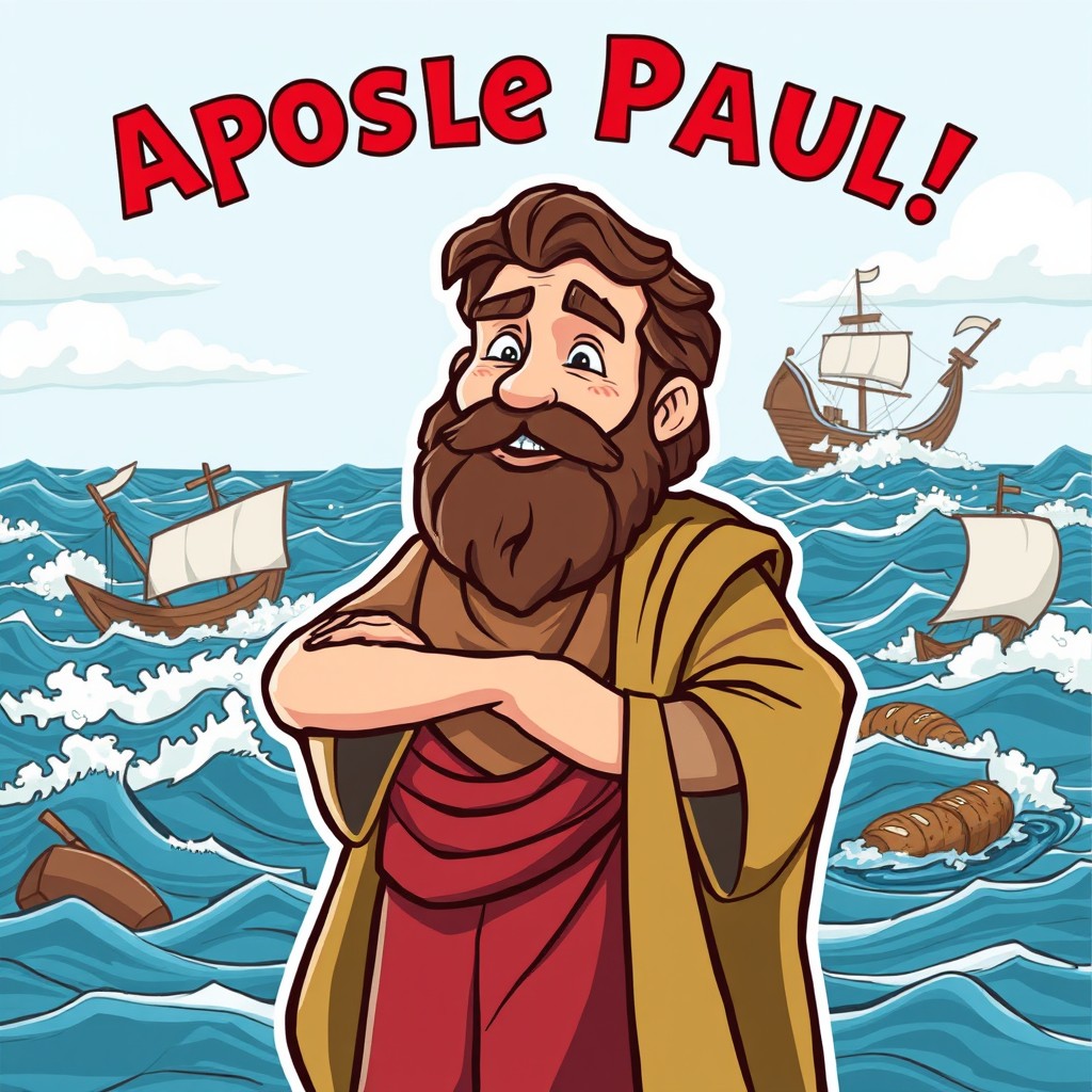 A vibrant cartoon illustration of the Apostle Paul, conveying his perseverance despite suffering through various hardships like illnesses, shipwrecks, and hunger