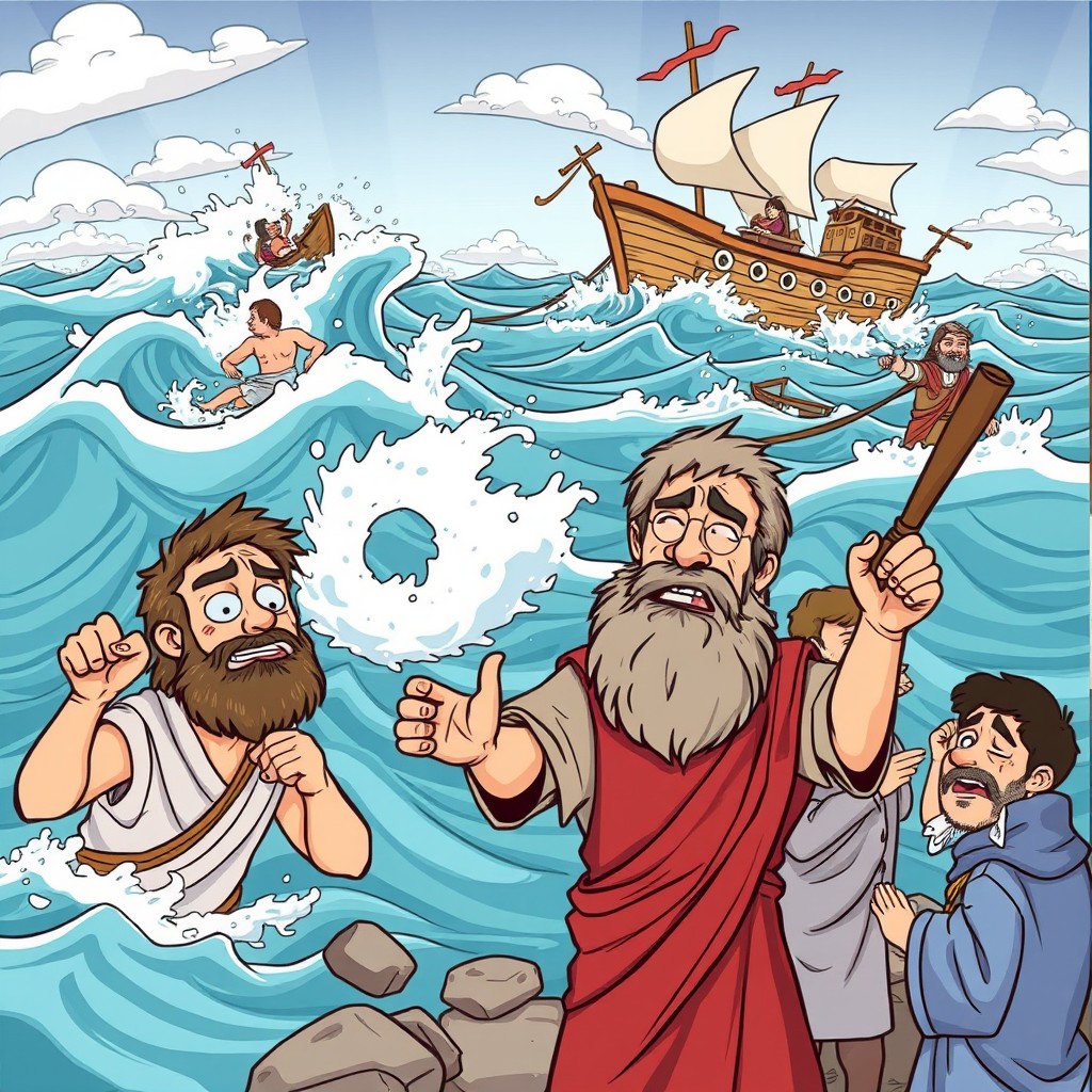 A cartoon illustration of the Apostle Paul enduring various hardships, such as illness, shipwreck, and hunger, showcasing his resilience and unwavering purpose
