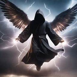 An enigmatic man in a black hooded robe, his wings made of crackling lightning, fearlessly flying against a ferocious thunderstorm backdrop, showing off his electrifying moves.