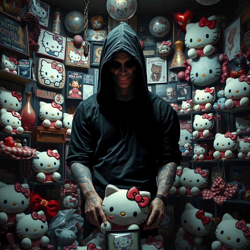 A chilling yet captivating scene depicting a serial killer enthusiastically surrounded by Hello Kitty merchandise