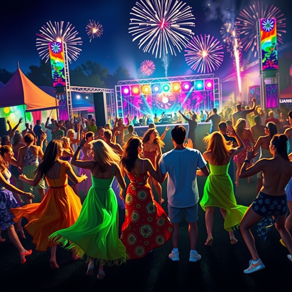 A vibrant digital artwork depicting a lively dance festival at night, with colorful lights illuminating the scene and people dancing joyously