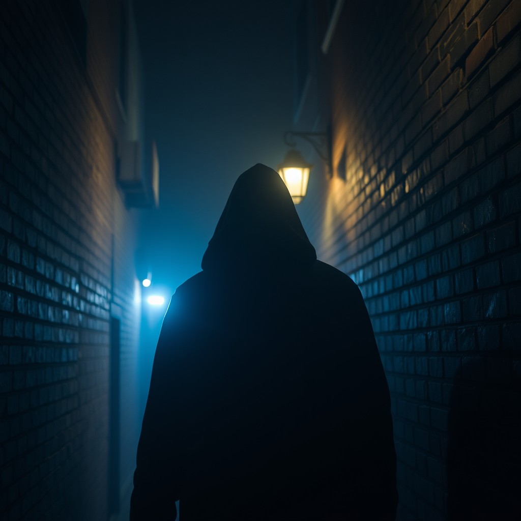A chilling and atmospheric scene depicting a shadowy figure representing a serial killer, lurking in a dimly lit alleyway