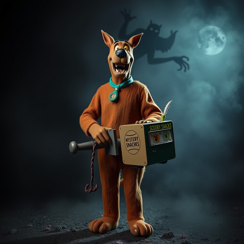 A surreal and chilling representation of a serial killer dressed as Scooby-Doo, complete with the classic brown fur suit, collar, and Scooby Snacks