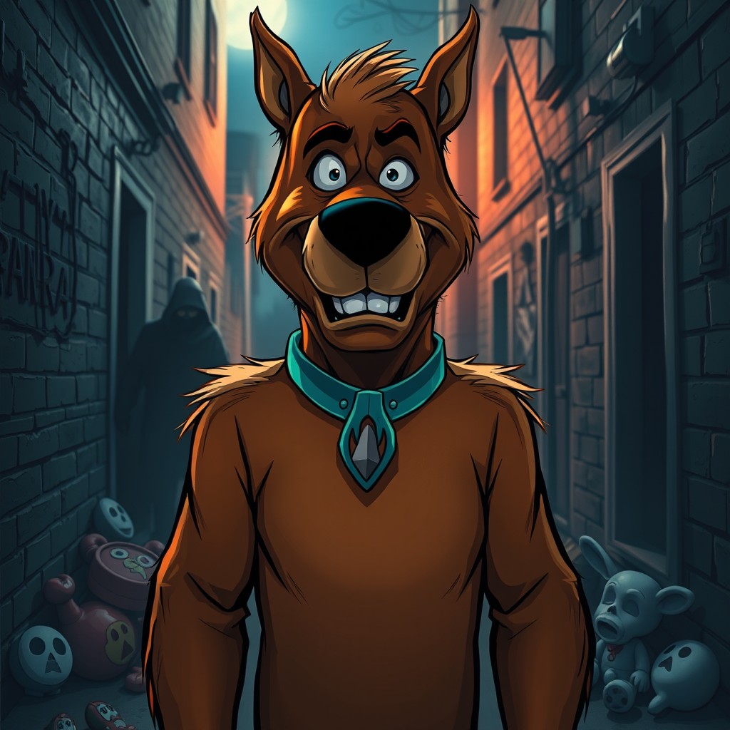 A striking and unsettling illustration of a serial killer dressed in a Scooby-Doo costume, featuring the iconic brown fur suit and Scooby collar