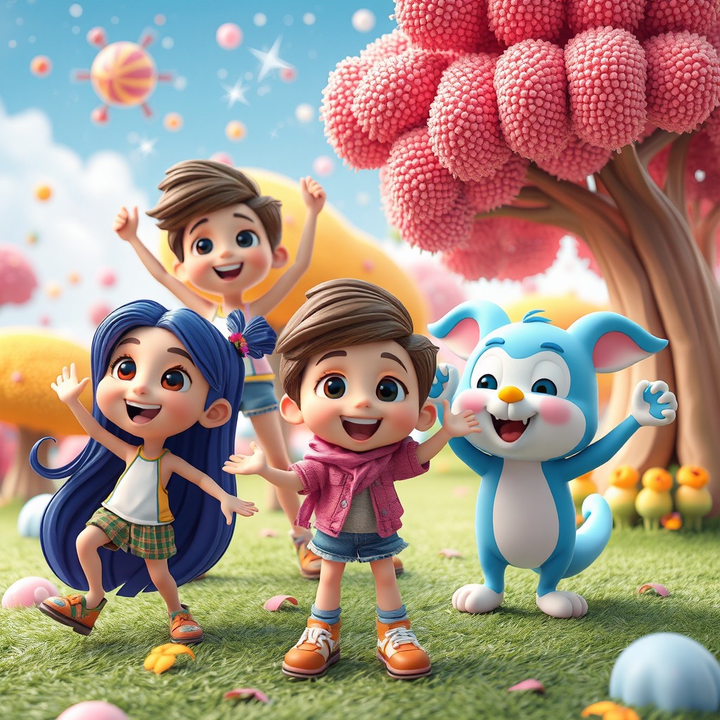 3D images of animated characters in a vibrant, colorful environment, showcasing dynamic poses and cheerful expressions