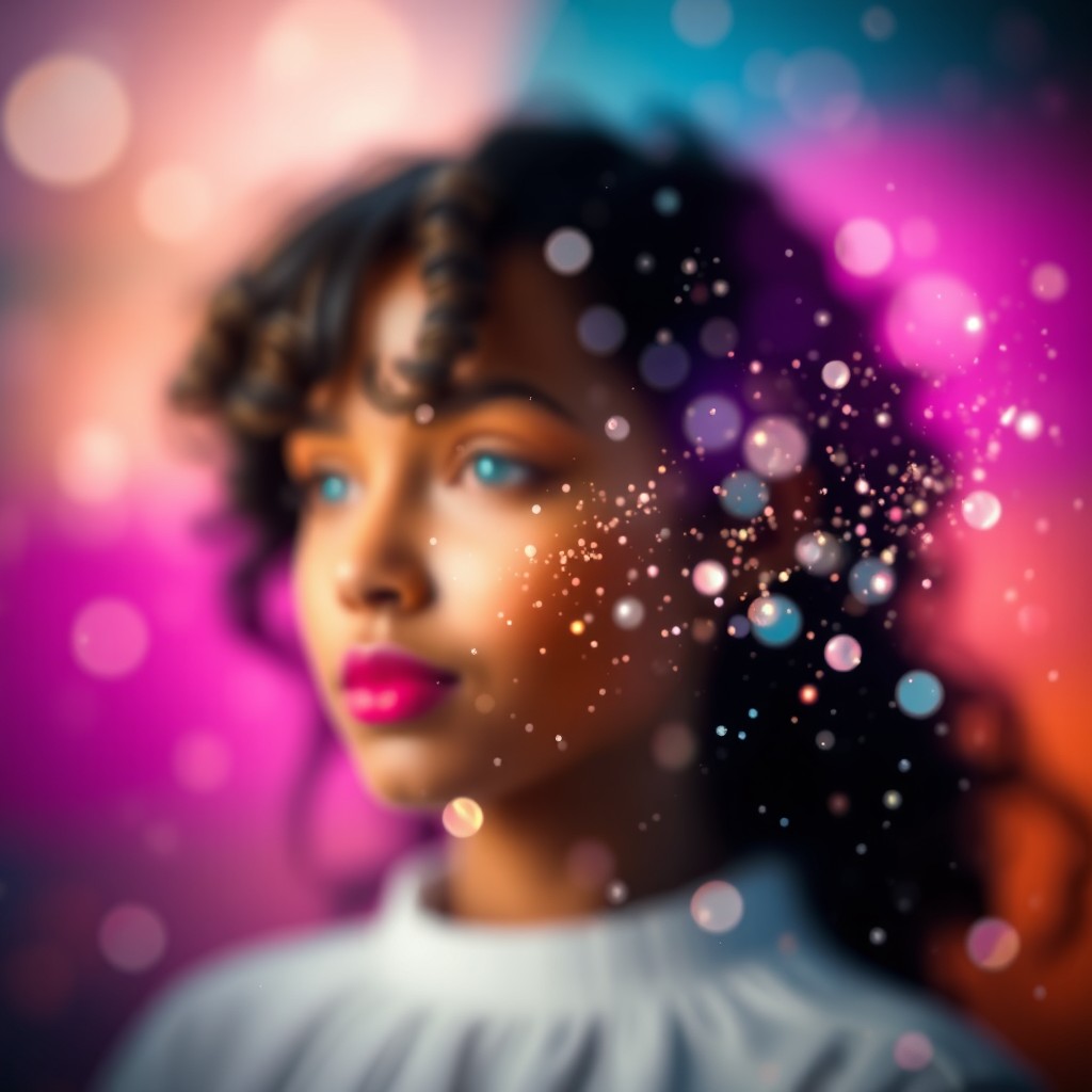 A stunning digital image applying a particle effect to a photograph, enhancing the image with floating, shimmering particles that create a sense of magic and depth