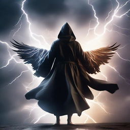 An enigmatic man in a black hooded robe, his wings made of crackling lightning, fearlessly flying against a ferocious thunderstorm backdrop, showing off his electrifying moves.