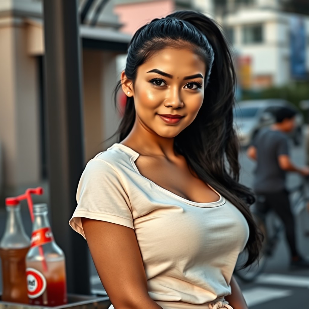 A beautiful woman with a typical Manado oval face and sparkling wide eyes, natural strong eyebrows, a sharp nose, and plump pinkish lips