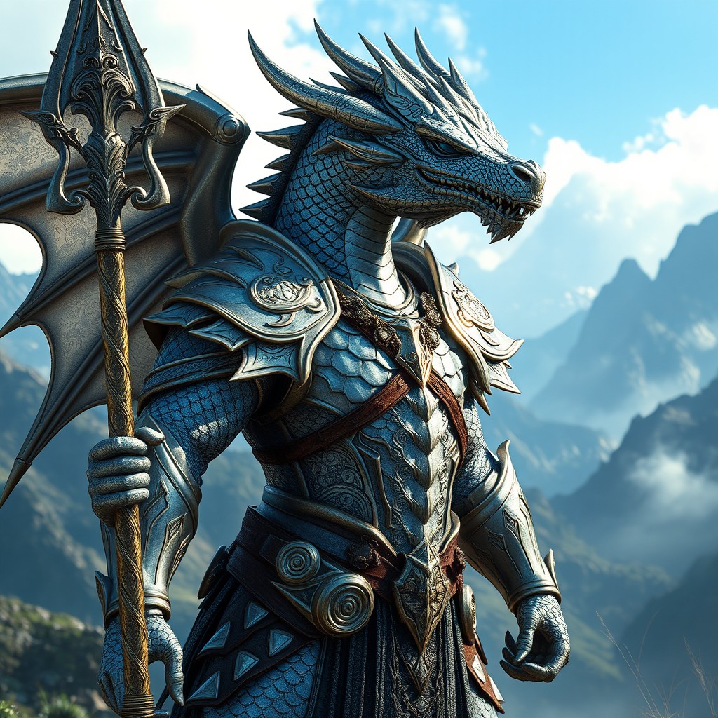 A majestic silver-scaled Dragonborn warrior dressed in beautifully crafted armor, exuding a powerful presence