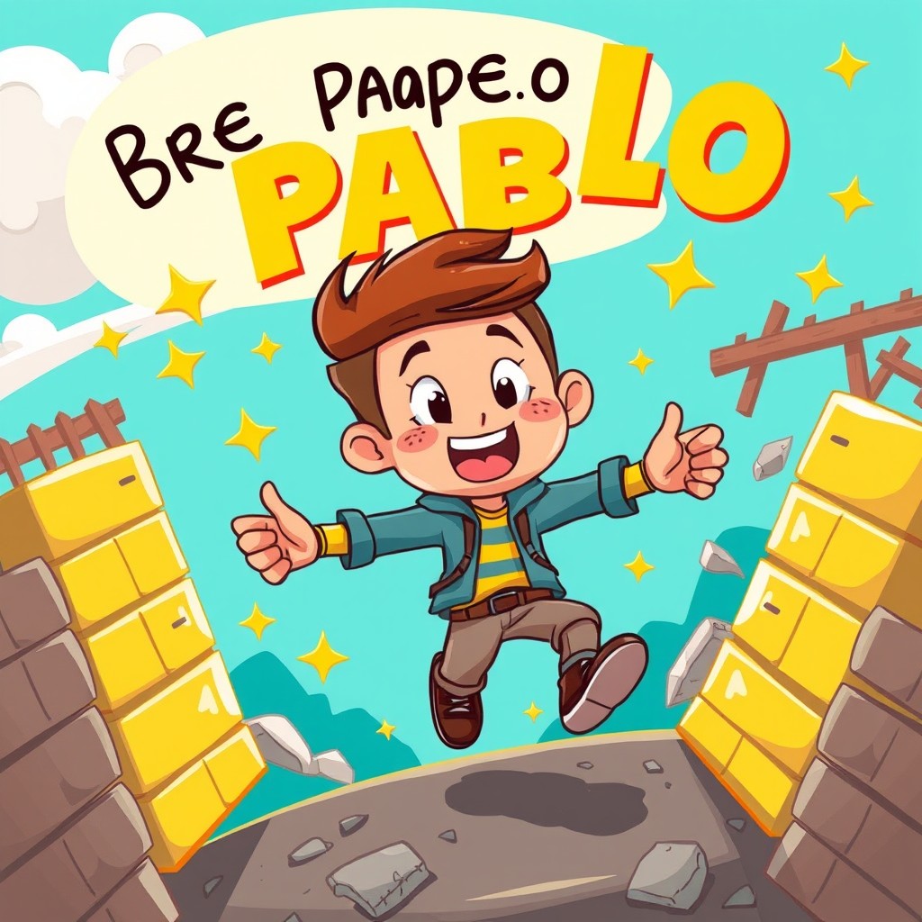 A vibrant and colorful cartoon illustration depicting a character named Pablo breaking through barriers with an inspiring message