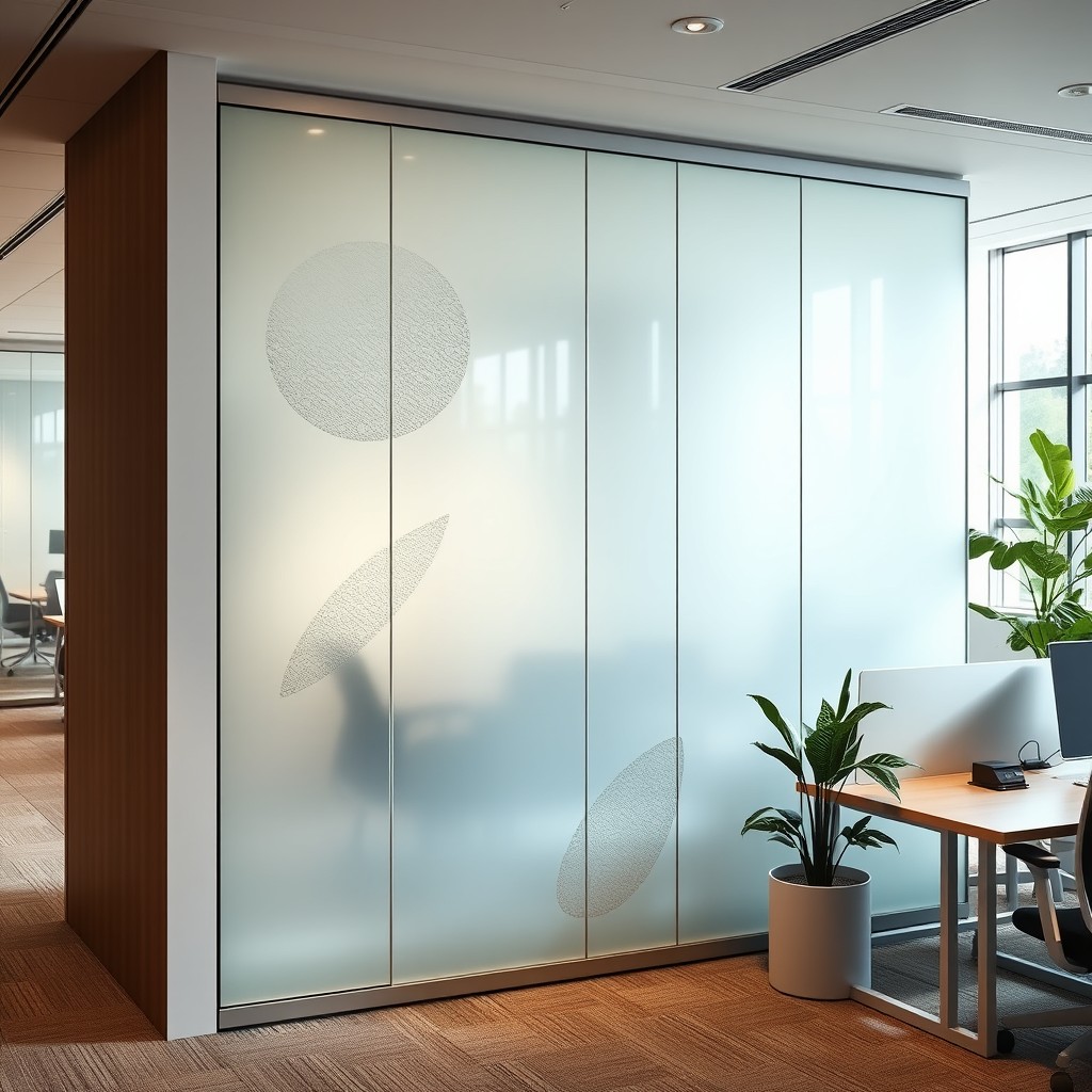 An elegant office setting featuring a sleek office divider with a frosted sticker design