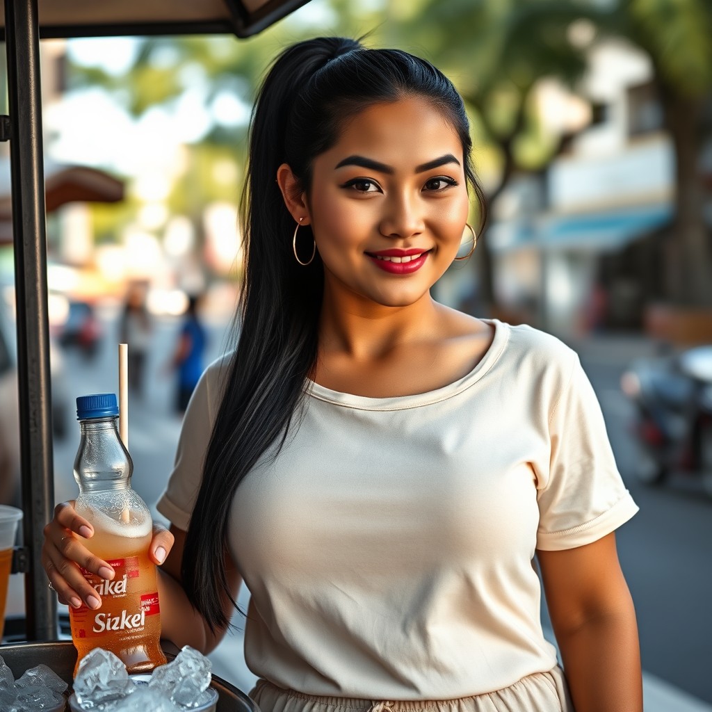A very beautiful woman with a typical Manado oval face, sparkling wide eyes, natural strong eyebrows, a sharp nose, and plump pinkish lips