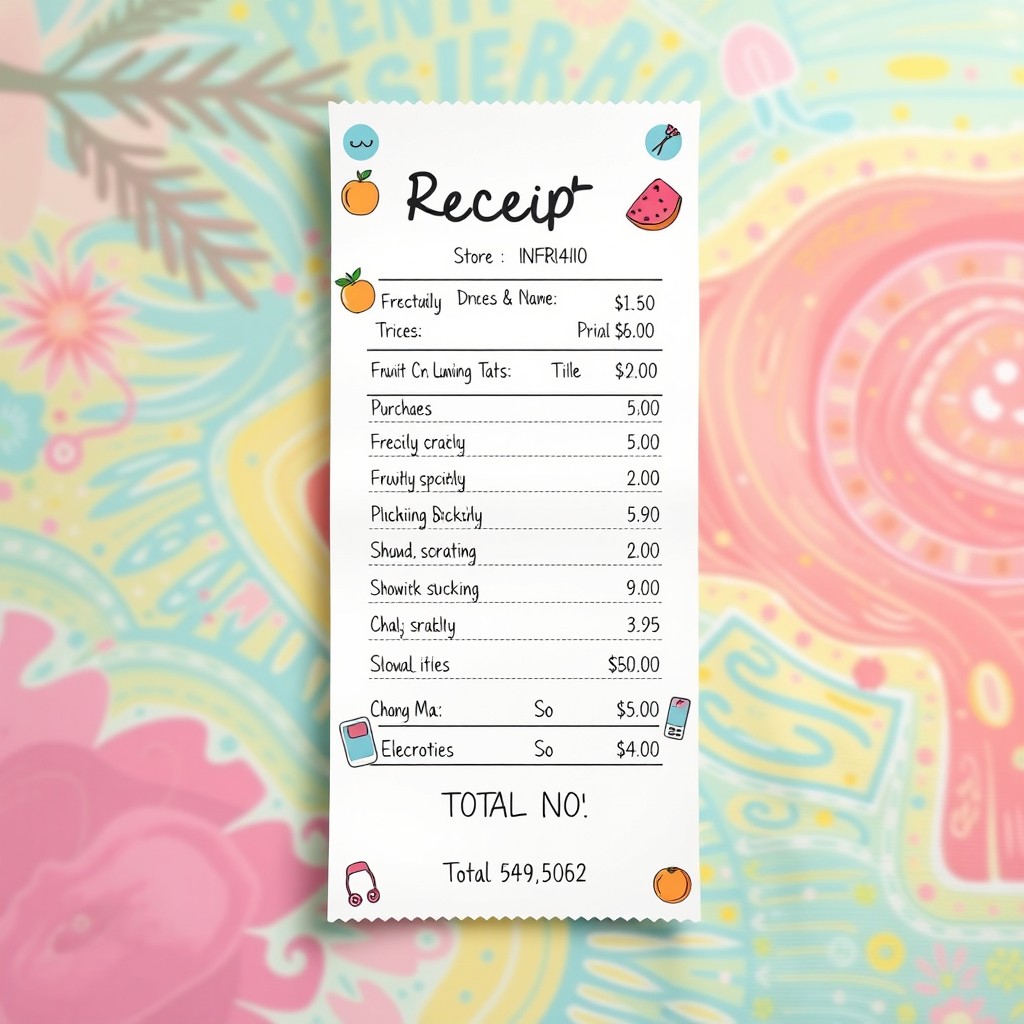 A beautifully designed receipt featuring a vibrant, artistic background