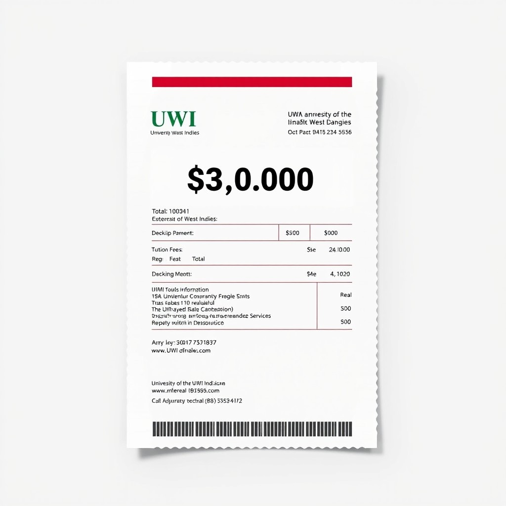 A high-quality digital mockup of a receipt for the University of the West Indies (UWI) showing an amount of $30,000