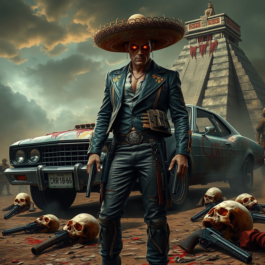 A hyper-realistic full-body image in the style of cklg and ckhg, depicting a cyberpunk scene featuring a creepy Mexican car with fiery eyes