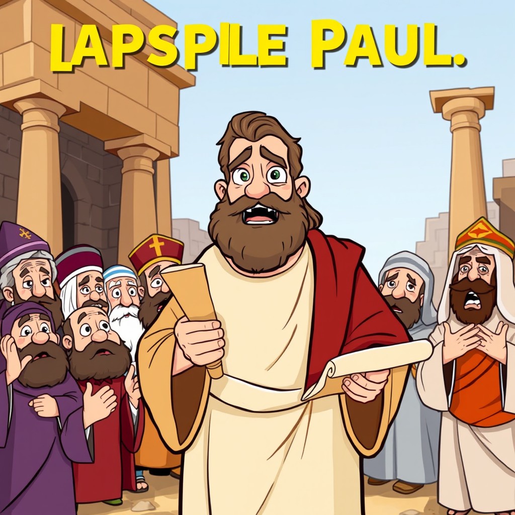 A cartoon depiction of the Apostle Paul, portrayed with distinctive features such as a flowing beard, traditional robes, and a scroll in hand, conveying the essence of his teachings