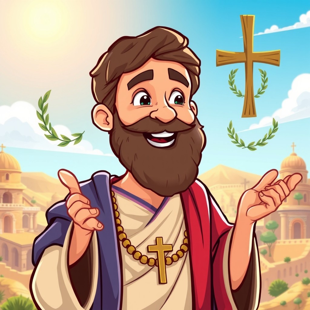 A cartoon depiction of Apostle Paul as a key figure in religious history, showcasing his distinctive features like a beard and traditional robes, in a vivid and colorful art style