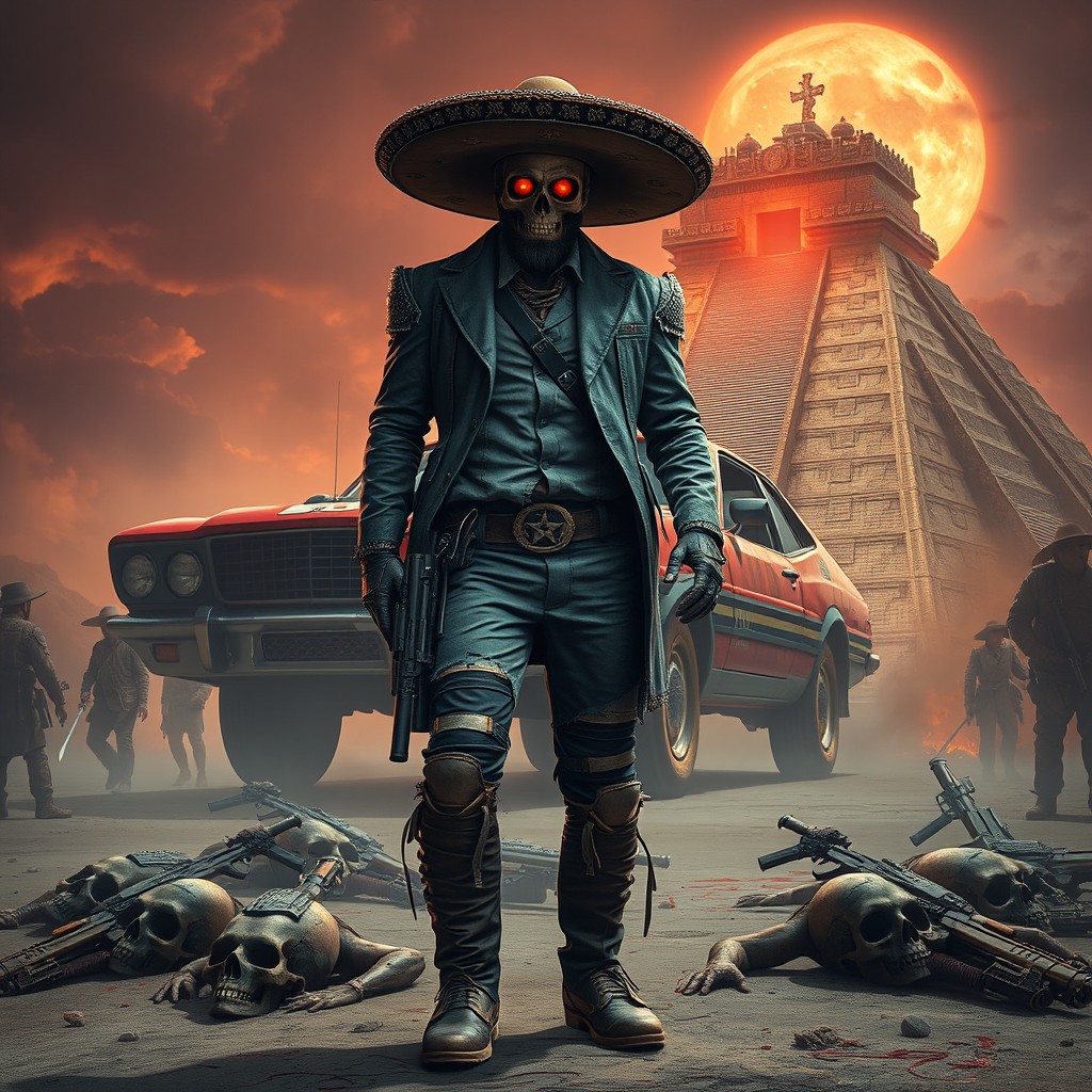 A hyper-realistic full-body image in the style of cklg and ckhg, set in a cyberpunk world featuring a creepy Mexican car with fiery eyes