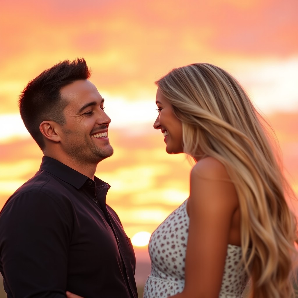 A close-up shot of two attractive individuals, a tall, handsome man with short dark hair, and a stunning woman with long flowing blonde hair, standing closely together against a beautiful sunset background