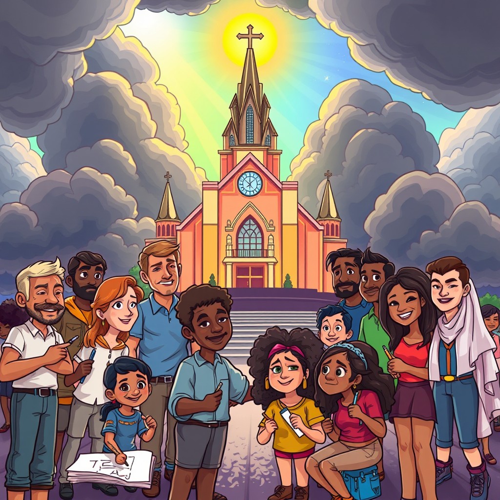 In a cartoon style, illustrate a scene depicting a diverse group of characters united in front of a majestic, sunlit church, symbolizing the work of God