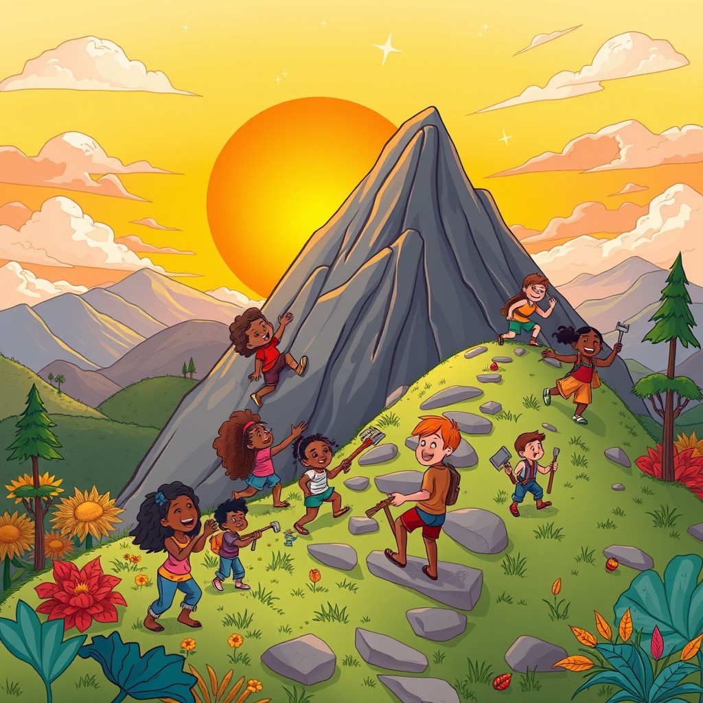 A vibrant and colorful cartoon-style illustration depicting a group of diverse characters overcoming obstacles in a fantastical landscape symbolizing the challenges of life