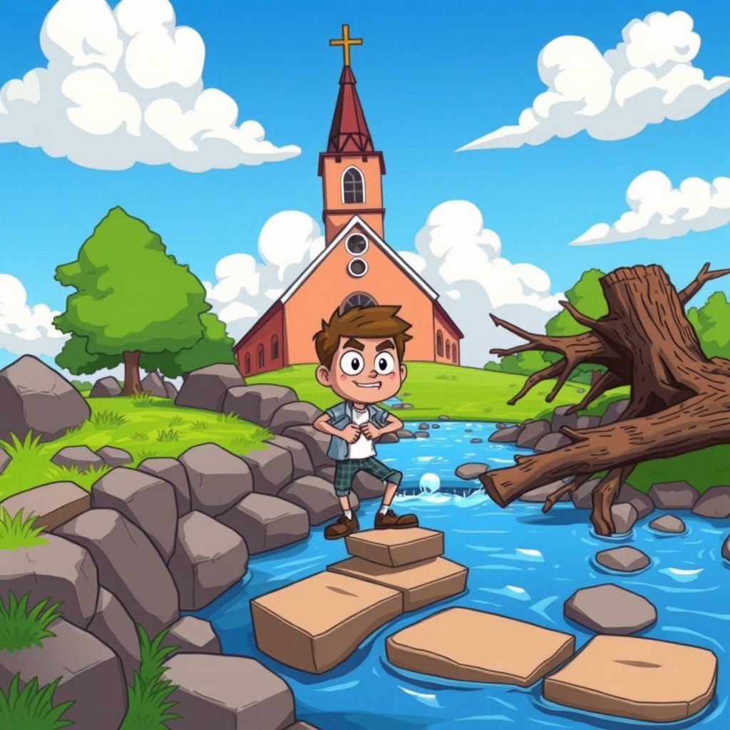 A vibrant cartoon scene depicting a church with a tall steeple, surrounded by various obstacles such as rocky terrain, a river, and a fallen tree