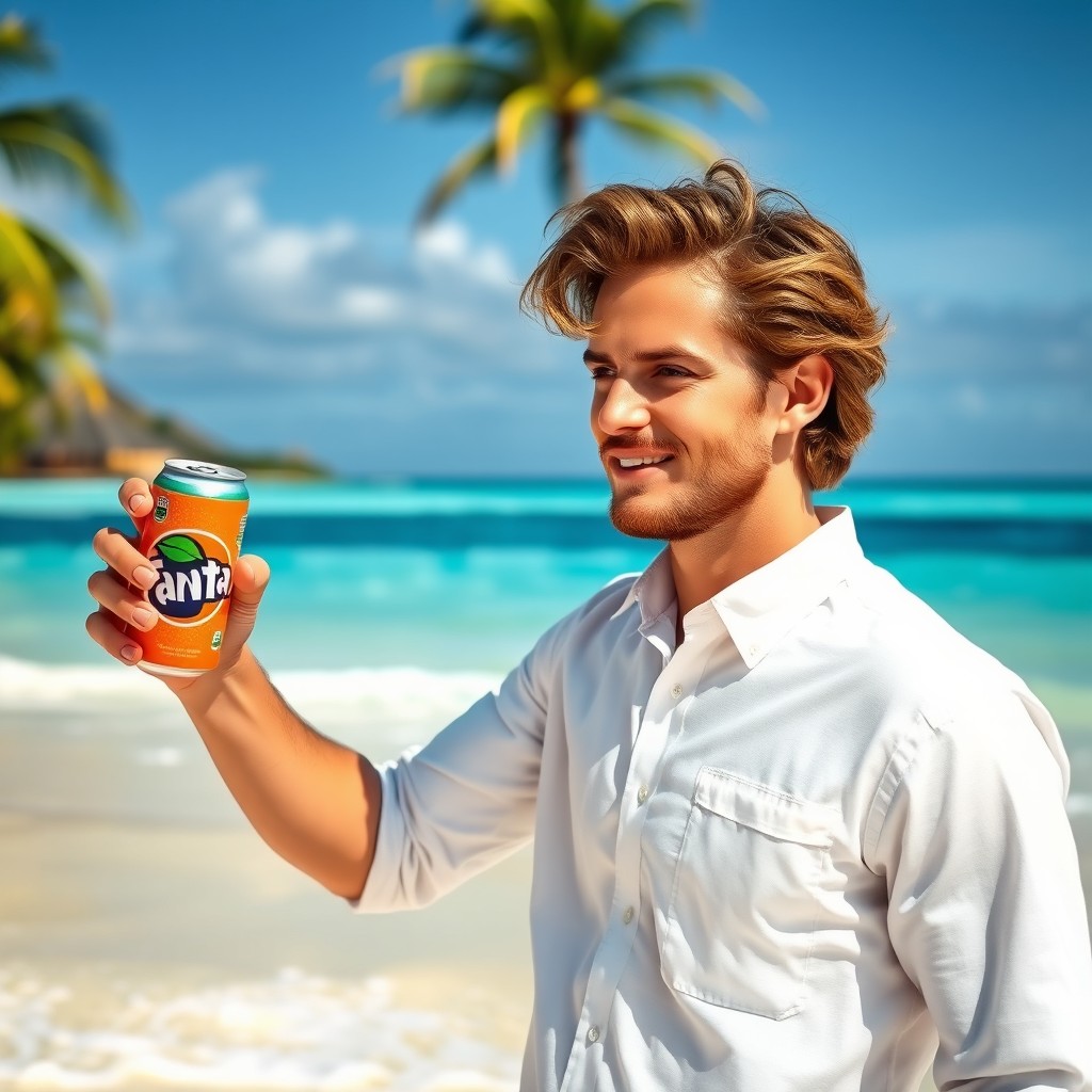A 24-year-old man on the beautiful sandy beach of Bora Bora, featuring light brown wavy hair, wearing a crisp white button-up shirt