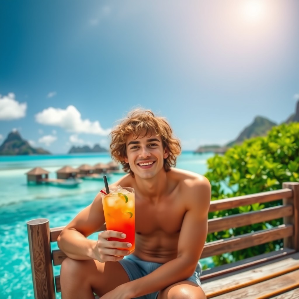 A young man sitting on a wooden bench in Bora Bora, surrounded by stunning turquoise waters and lush green tropical vegetation