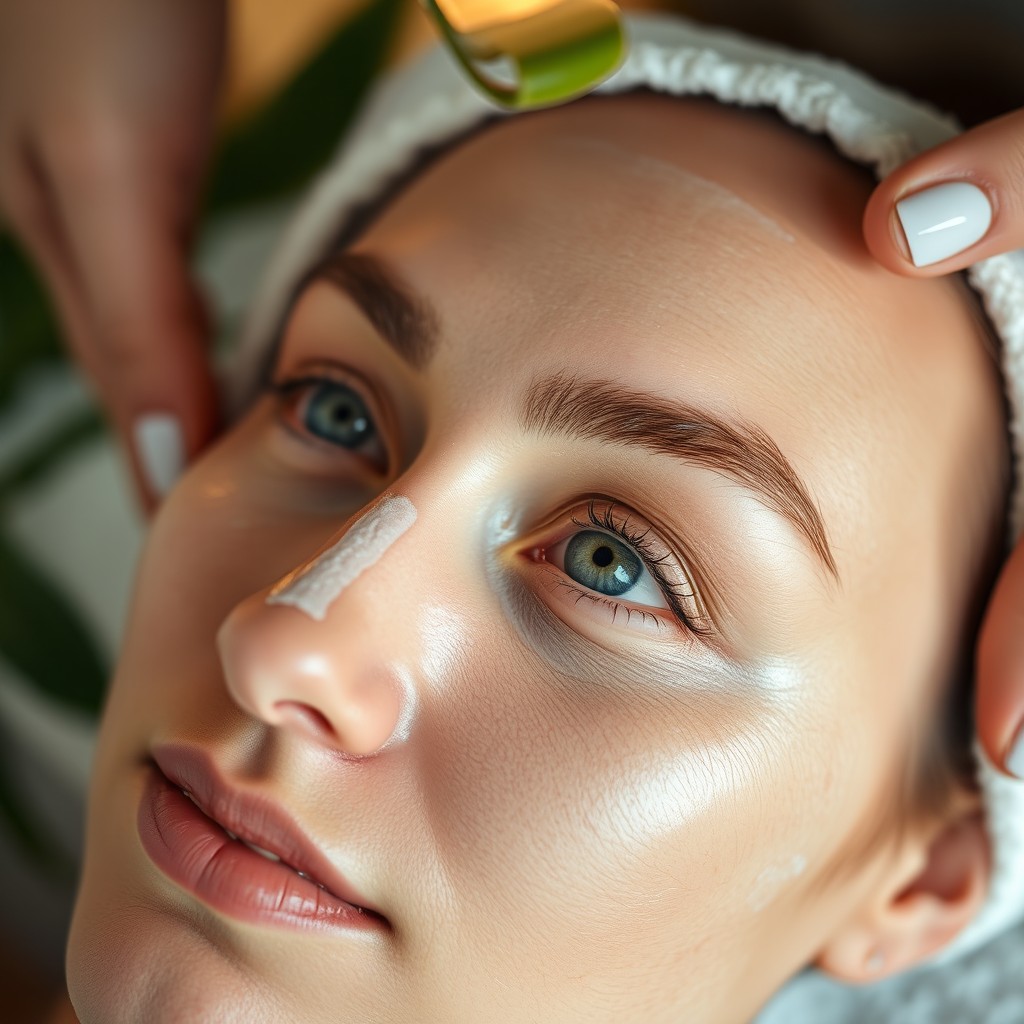 A close-up eye shot of a woman’s face during a facial treatment, showcasing her serene expression